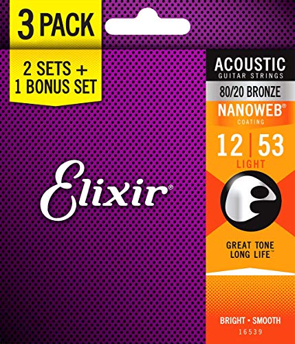 Product Cover Elixir Strings 16539 Light 80/20 Bronze Nanoweb Acoustic Guitar Strings 3-Pack (.012.053)
