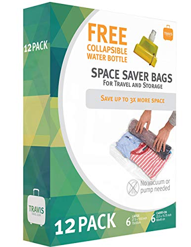 Product Cover 12 Travis Travel Gear Space Saver Vacuum Bags with Collapsible Water Bottle (6 Medium and 6 Large). No Pump Needed Roll Up Compression and Organizer for Storage and Luggage