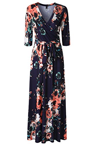 Product Cover Zattcas Womens 3/4 Sleeve Floral Print Faux Wrap Long Maxi Dress with Belt