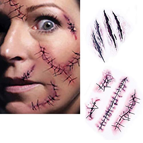 Product Cover Bezall 10pcs Horror Realistic Fake Bloody Wound Stitch Scar Scab Waterproof Temporary Tattoo Sticker Halloween Masquerade Prank Makeup Props