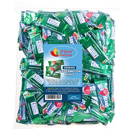 Product Cover Airheads Bulk - Bulk Candy - Green Candy - Air Heads Mini Bars Watermelon Flavor Chewy Fruit Candies 2 lb Party Bag, Family Size