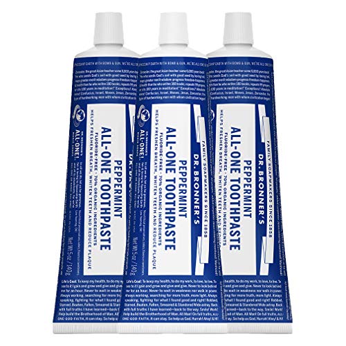 Product Cover Dr. Bronner's - All-One Toothpaste (Peppermint, 5 ounce, 3-Pack) - 70% Organic Ingredients, Natural and Effective, Fluoride-Free, SLS-Free, Helps Freshen Breath, Reduce Plaque, Whiten Teeth, Vegan