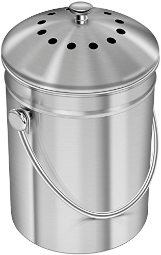 Product Cover Utopia Kitchen Stainless Steel Compost Bin for Kitchen Countertop - 1.3 Gallon Compost Bucket Kitchen Pail Compost with Lid - Includes 1 Spare Charcoal Filter