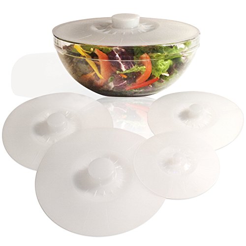 Product Cover 5pc , Translucent Misty White : White Silicone Bowl Lids, Set of 5 Reusable Suction Seal Covers for Bowls, Pots, Cups. Food Safe