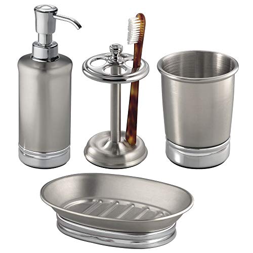 Product Cover mDesign Metal Bathroom Vanity Countertop Accessory Set - Includes Refillable Soap Dispenser, Divided Toothbrush Stand, Tumbler Rinsing Cup, Soap Dish - 4 Pieces - Brushed Stainless Steel