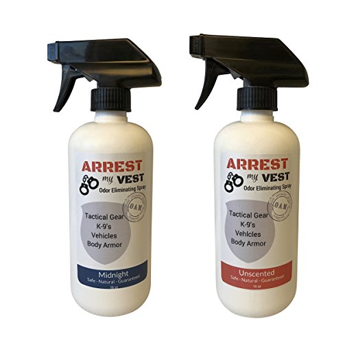 Product Cover Arrest My Vest Odor Eliminating Spray for Body Armor, K-9's and Vehicles 2 16 oz Bottles, 1 Midnight Fragrance and 1 Unscented. Completely Safe on All Body Armor, Fabrics, Upholstery and Leather