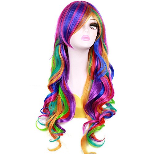Product Cover BERON New Fashion Synthetic Women Girls Sexy Long Wavy Rainbow Multi Colorful Wig with Free Wig Cap