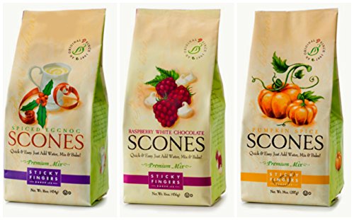 Product Cover Sticky Fingers Fall/Winter Holiday Scone Mix Bundle #2 with Pumpkin Spice, Spiced Eggnogg and Raspberry White Chocolate Scone Mix, 16 Oz Each (3 Bags Total)