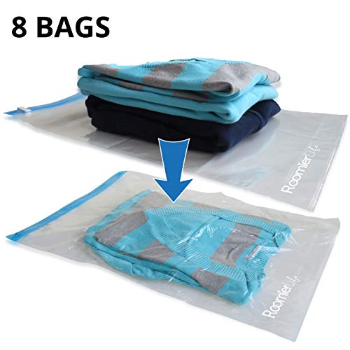 Product Cover RoomierLife Travel Space Saver Bags (Medium to Large). Pack of 8 Bags. Roll-Up Compression Storage (No Vacuum Needed) & Packing Organizers. Perfect for Travel and Home Storage