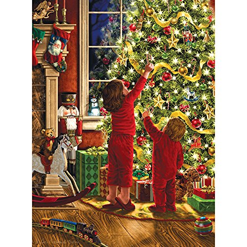 Product Cover Bits and Pieces - 300 Large Piece Embellished Glitter Jigsaw Puzzle for Adults - Children Decorating The Christmas Tree by Artist Liz Goodrick Dillon - Family Holiday Fun - 300 pc Jigsaw