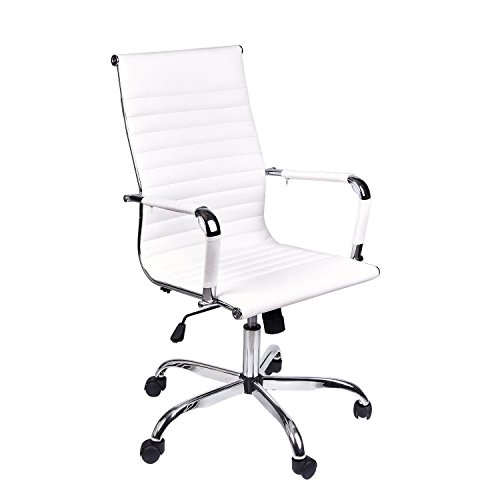 Product Cover ELECWISH,Adjustable Office Executive Swivel Chair, High Back Padded Tall Ribbed, Pu Leather, Wheels Arm Rest Computer Chair, Chrome Base, Home Furniture, Conference Room Reception (White)