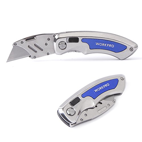 Product Cover WORKPRO Quick-Change Folding Utility Knife - Retractable Utility Blade Mechanism with Stainless Steel Handle & Anti-Slip Grip - Liner Lock Keeps Blades Secure - Belt Clip Included