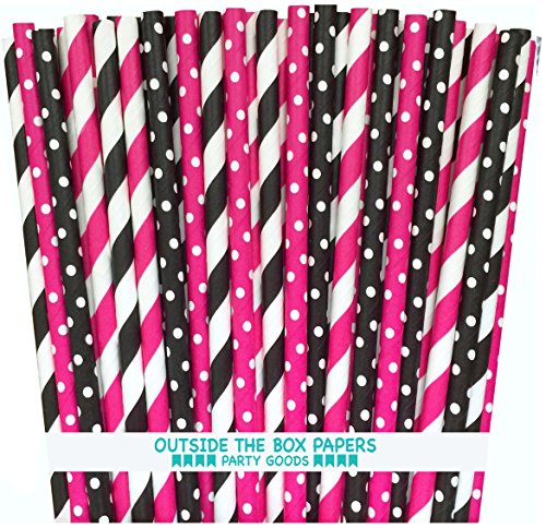 Product Cover Outside the Box Papers Diva Theme Stripe and Polka Dot Paper Straws 7.75 Inches 100 Pack Hot Pink, Black, White