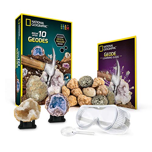 Product Cover National Geographic Break Open 10 Premium Geodes - Includes Goggles, Detailed Learning Guide & 2 Display Stands - Great Stem Science Gift for Mineralogy & Geology Enthusiasts of Any Age
