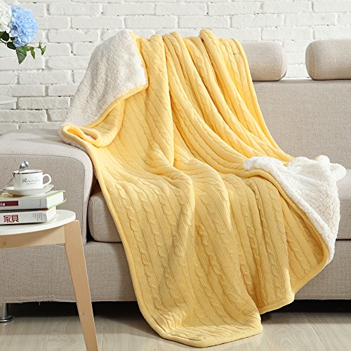 Product Cover NTBAY Cable Knitted Sherpa Throw, All Seasons Collection Super Warm Reversible Fleece Blanket (60X78 inches, Yellow)