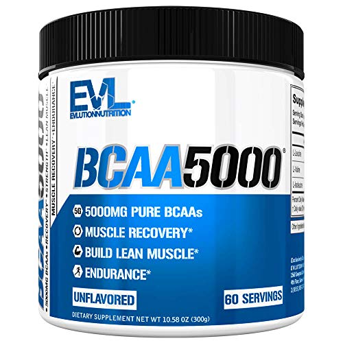 Product Cover Evlution Nutrition BCAA5000 Powder 5 Grams of Branched Chain Amino Acids (BCAAs) Essential for Performance, Recovery, Endurance, Muscle Building, Keto Friendly, Zero Sugar, 60 Servings, Unflavored