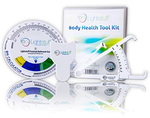 Product Cover Body Fat Caliper, Body Tape Measure, BMI Calculator - Instructions for Skinfold Caliper and Body Fat Charts for Men and Women Included: Lightstuff Body Health Tool Kit