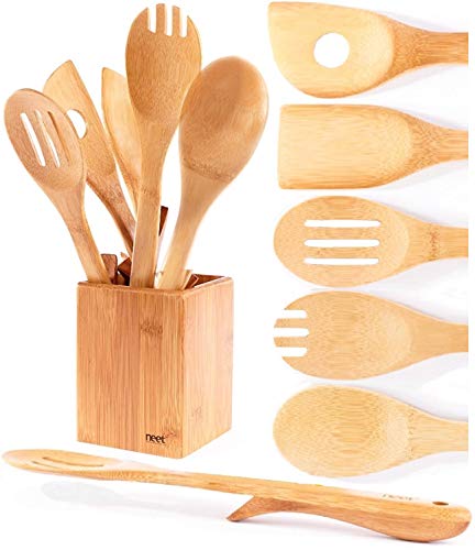 Product Cover Organic Bamboo Cooking Utensils Set, Unique Elevation Feature, 6 Piece Set, Wooden Spoons Spatula, Kitchen Utensil Set, High Heat Resistant, Wood Serving Spoon, Long Mixing Spoons & Gift Idea