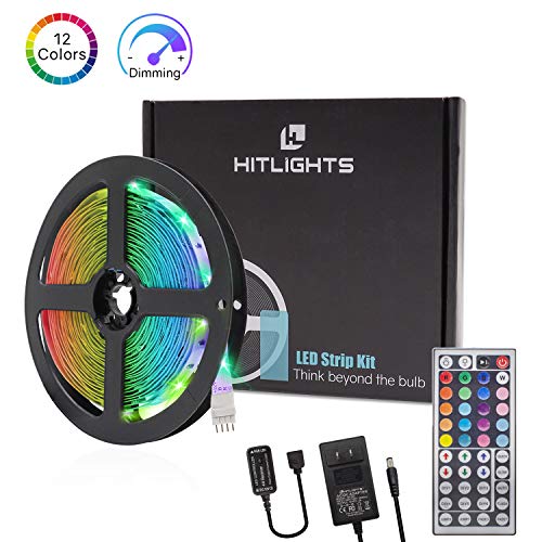 Product Cover HitLights LED Strip Lights, 16.4ft 5050 RGB LED Tape Lights, Color Changing LED Strips with Remote and Power Supply. 150LED, 12V DC Power for Home Kitchen Under Cabinet Bed Decorations HitLights