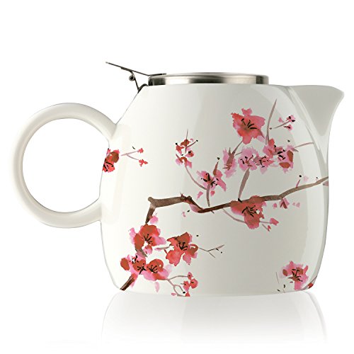 Product Cover Tea Forte Pugg Ceramic Teapot Infuser Set with Loose Lea Tea Steeping Basket and Lid, Cherry Blossoms