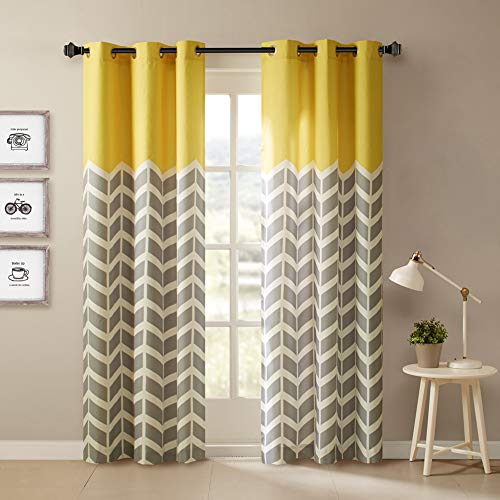 Product Cover Intelligent Design Yellow Curtains for Living Room, Modern Contemporary Grommet Room Darkening Curtains for Bedroom, Alex Geometric Chevron Window Curtains, 42X63, 2-Panel Pack