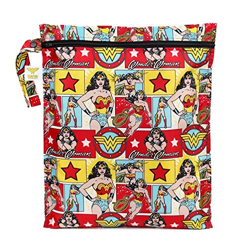 Product Cover Bumkins DC Comics Wonder Woman Waterproof Wet Bag, Washable, Reusable for Travel, Beach, Pool, Stroller, Diapers, Dirty Gym Clothes, Wet Swimsuits, Toiletries, Electronics, Toys, 12x14