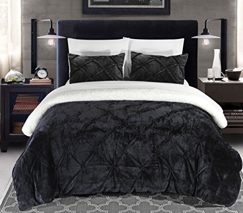 Product Cover Chic Home 3 Piece Josepha Pinch Pleated Ruffled & Pintuck Sherpa Lined Comforter Set, Queen, Black