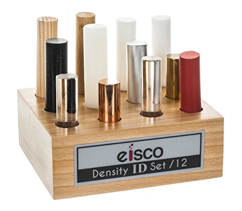 Product Cover Mixed Materials for Density Exploration, Set of 12 Cylinders with Wooden Holder, Varied Lengths - Oak Wood, Pine Wood, PVC, Derlin, Nylon, Teflon, Rubber, Aluminum, Glass, Lucite, Brass, and Copper