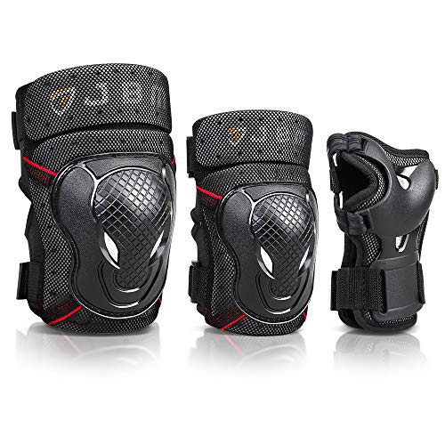 Product Cover JBM Adult BMX Bike Knee Pads and Elbow Pads with Wrist Guards Protective Gear Set for Biking, Riding, Cycling and Multi Sports： Scooter, Skateboard, Bicycle, Rollerblades (Black, Adult)