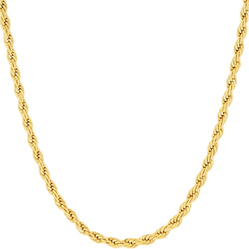Product Cover Lifetime Jewelry 3mm Rope Chain Necklace 24k Real Gold Plated for Women Men Teen with Free Lifetime Replacement Guarantee (Gold, 24)