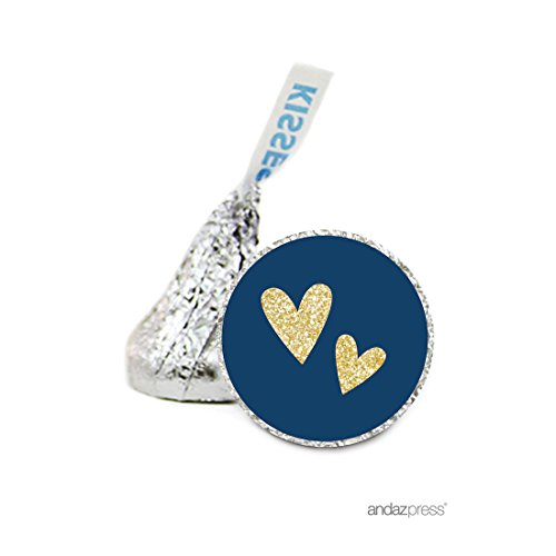 Product Cover Andaz Press Chocolate Drop Labels Stickers Single, Wedding, Double Hearts Navy Blue and Faux Gold Glitter, 216-Pack, for Hershey's Kisses Party Favors, Gifts, Decorations