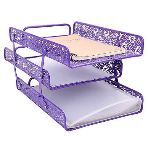 Product Cover Crystallove Purple Metal Hollow 3-Tier Document Tray Magazine Frame Paper File Holder