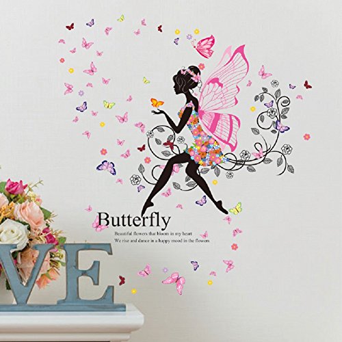 Product Cover SWORNA Nature Series SN047 Flower Butterfly Girl Removable Vinyl DIY Wall Art Mural Decor Sticker Decal for Lady Kid Bedroom Living Room Playroom Kindergarten Classroom School Nursery Room 48