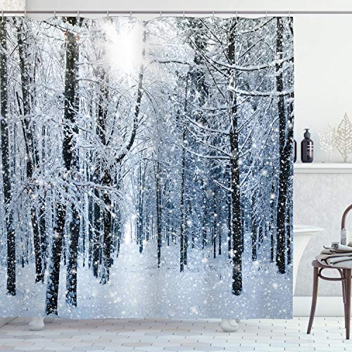 Product Cover Ambesonne Winter Shower Curtain, Snow Covered Forest Idyllic Early Morning Scenery Seasonal Xmas Nature, Cloth Fabric Bathroom Decor Set with Hooks, 70