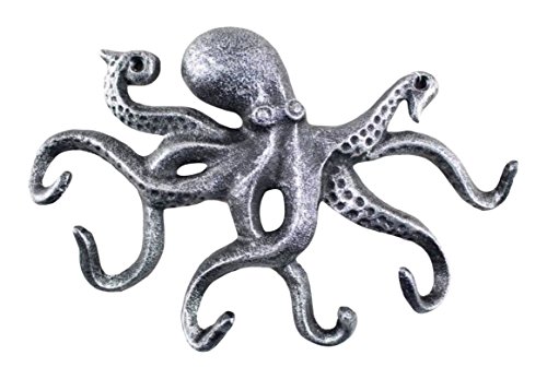 Product Cover Antique Silver Cast Iron Octopus Hook 11 Inch - Decorative Hook - Sealife Metal Wall Hook
