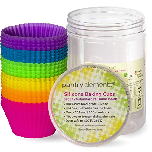 Product Cover Pantry Elements Silicone Cupcake Baking Cups Liners, 24 Pack Vibrant Silicone Molds Muffin Liners Cups with Bonus Screw Top Storage Jar