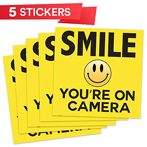 Product Cover Smile Your On Camera - Security Signs - Includes (5) 10x10 Stickers - Security Stickers - Home Security - Video Surveillance Signs - Vandalism Robbery & Theft Prevention
