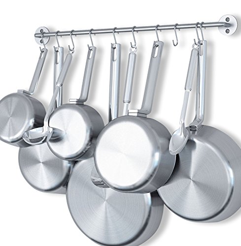 Product Cover WALLNITURE Gourmet Kitchen Wall Mount Rail Pot Pan Lid Holder Rack and 10 Hooks Silver 24 Inch