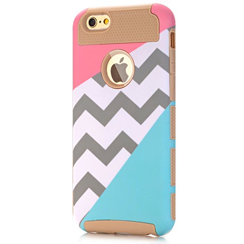 Product Cover iPhone 6s Case,iPhone 6 Case,LUOLNH [2in1] Heavy Duty Hybrid Hard Case for Apple iPhone 6, 6s[4.7inch], Blue Mint Teal and Coral Pink Split Chevron Design Cover (Gold)