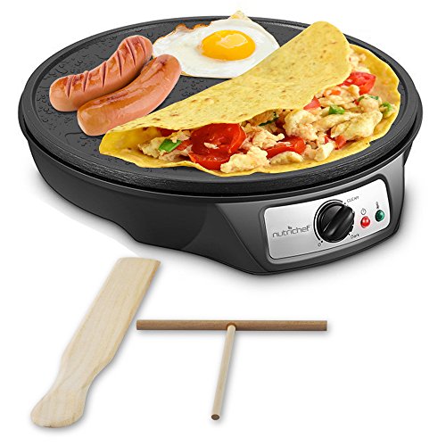 Product Cover Nonstick 12-Inch Electric Crepe Maker - Aluminum Griddle Hot Plate Cooktop with Adjustable Temperature Control and LED Indicator Light, Includes Wooden Spatula and Batter Spreader - NutriChef