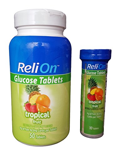Product Cover ReliOn Glucose, 50 Tablets with On-The-Go Tube, 10 Tablets. (Tropical Fruit)