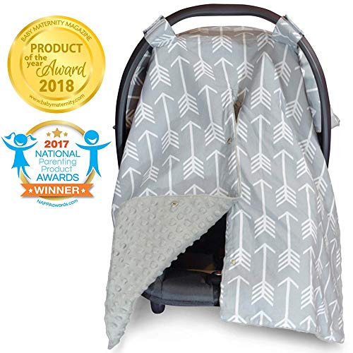 Product Cover 2 in 1 Carseat Canopy and Nursing Cover Up with Peekaboo Opening | Large Infant Car Seat Canopy for Boy or Girl | Best Baby Shower Gift for Breastfeeding Moms | Arrow Pattern with Grey Minky