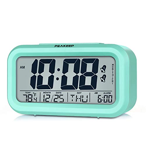 Product Cover Peakeep Battery Operated Cordless Digital Clock with 2, Dual Alarm for Workday, Snooze, Smart Sensor Light, Mint Green
