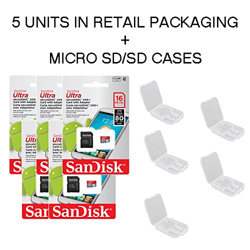 Product Cover 5 PACK - SanDisk Ultra 16GB MicroSDHC Memory Flash Card UHS-I Class 10 Micro SD SDHC Read Speed up to 80MB/s 533X With Adapter SDSQUNC-016G-GN6MA Wholesale Lot + ( 5 Cases )