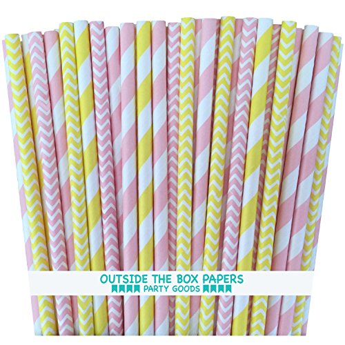 Product Cover Outside the Box Papers Pink and Yellow Stripe Chevron Paper Straws 7.75 Inches 100 Pack Pink, Yellow, White