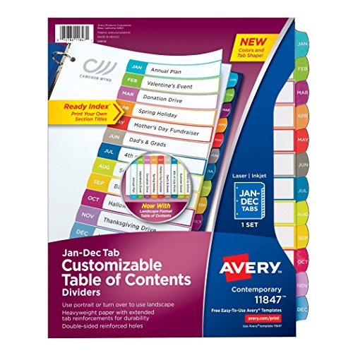 Product Cover Avery Customizable Table of Contents Dividers , Jan- Dec Tabs (11847)