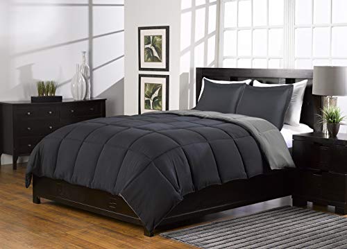 Product Cover 3 Pc Super Soft Grey and Black Reversible Comforter Queen Bed Set Down Alternative Queen Size Bedding Set with 2 Reversible Shams