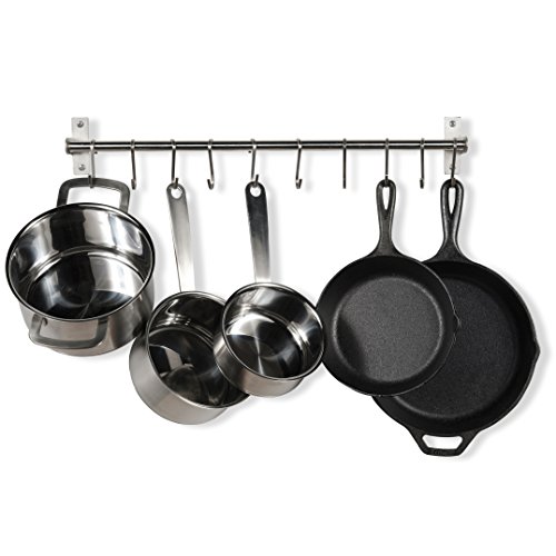 Product Cover Stainless Steel Gourmet Kitchen 23.25 Inch Wall Rail Pot Pan Utensil Lid Rack Storage Organizer with 10 S Hooks