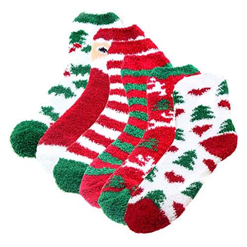 Product Cover Aivtalk Womens Christmas Holiday Striped Fuzzy Socks Crew Socks, Warm Butter Soft, 6 Pair Pack