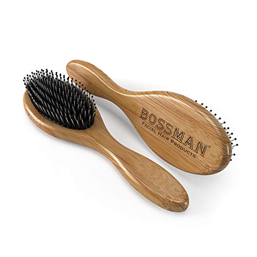 Product Cover Boar's Hair Beard/Hair Brush with Bamboo Wood Frame, Fortified with Massaging Nylon Bristles and Beads, Engraved Handle